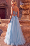 Sparkly Sky Blue A-Line Corset Spaghetti Straps Beaded Long Prom Dress with 3D Flower