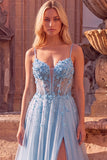 Sparkly Sky Blue A-Line Corset Spaghetti Straps Beaded Long Prom Dress with 3D Flower