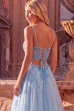 Sparkly Sky Blue A-Line Corset Spaghetti Straps Beaded Long Prom Dress with 3D Flower