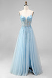 Sparkly Sky Blue A-Line Corset Spaghetti Straps Beaded Long Prom Dress with 3D Flower
