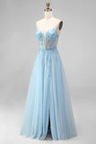 Sparkly Sky Blue A-Line Corset Spaghetti Straps Beaded Long Prom Dress with 3D Flower