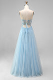 Sparkly Sky Blue A-Line Corset Spaghetti Straps Beaded Long Prom Dress with 3D Flower