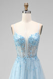 Sparkly Sky Blue A-Line Corset Spaghetti Straps Beaded Long Prom Dress with 3D Flower