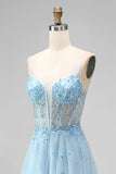 Sparkly Sky Blue A-Line Corset Spaghetti Straps Beaded Long Prom Dress with 3D Flower