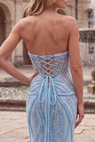 Sparkly Sequins Light Blue Mermaid V-Neck Beaded Long Prom Dress with Pearls