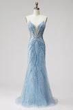 Sparkly Sequins Light Blue Mermaid V-Neck Beaded Long Prom Dress with Pearls