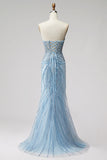 Sparkly Sequins Light Blue Mermaid V-Neck Beaded Long Prom Dress with Pearls