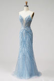 Sparkly Sequins Light Blue Mermaid V-Neck Beaded Long Prom Dress with Pearls