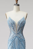 Sparkly Sequins Light Blue Mermaid V-Neck Beaded Long Prom Dress with Pearls