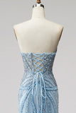 Sparkly Sequins Light Blue Mermaid V-Neck Beaded Long Prom Dress with Pearls