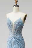 Sparkly Sequins Light Blue Mermaid V-Neck Beaded Long Prom Dress with Pearls