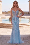 Sparkly Sequins Light Blue Mermaid V-Neck Beaded Long Prom Dress with Pearls