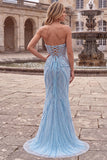 Sparkly Sequins Light Blue Mermaid V-Neck Beaded Long Prom Dress with Pearls