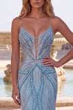 Sparkly Sequins Light Blue Mermaid V-Neck Beaded Long Prom Dress with Pearls