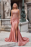 Sparkly Dusty Rose Corset Mermaid Spaghetti Straps Long Prom Dress with Beading