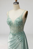 Light Green Sparkly Beaded Corset Mermaid Ruched Maxi Prom Dress with Slit