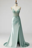 Light Green Sparkly Beaded Corset Mermaid Ruched Maxi Prom Dress with Slit