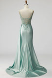 Light Green Sparkly Beaded Corset Mermaid Ruched Maxi Prom Dress with Slit