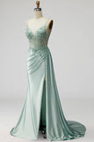 Light Green Sparkly Beaded Corset Mermaid Ruched Maxi Prom Dress with Slit