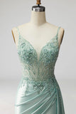 Light Green Sparkly Beaded Corset Mermaid Ruched Maxi Prom Dress with Slit