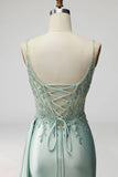 Light Green Sparkly Beaded Corset Mermaid Ruched Maxi Prom Dress with Slit