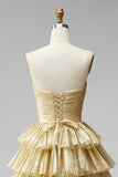 Golden Ruffled A-Line High Low Metallic Ruched Strapless Prom Dress