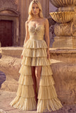 Golden Ruffled A-Line High Low Metallic Ruched Strapless Prom Dress