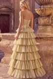 Golden Ruffled A-Line High Low Metallic Ruched Strapless Prom Dress