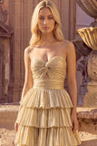 Golden Ruffled A-Line High Low Metallic Ruched Strapless Prom Dress
