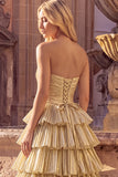 Golden Ruffled A-Line High Low Metallic Ruched Strapless Prom Dress
