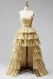 Golden Ruffled A-Line High Low Metallic Ruched Strapless Prom Dress