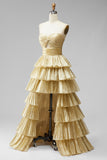 Golden Ruffled A-Line High Low Metallic Ruched Strapless Prom Dress