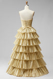 Golden Ruffled A-Line High Low Metallic Ruched Strapless Prom Dress