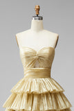 Golden Ruffled A-Line High Low Metallic Ruched Strapless Prom Dress
