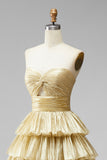 Golden Ruffled A-Line High Low Metallic Ruched Strapless Prom Dress
