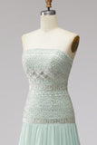 Sparkly Mint A-Line Strapless Beaded Long Formal Dress