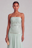 Sparkly Mint A-Line Strapless Beaded Long Formal Dress