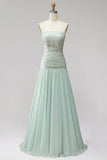 Sparkly Mint A-Line Strapless Beaded Long Formal Dress