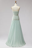 Sparkly Mint A-Line Strapless Beaded Long Formal Dress