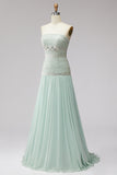 Sparkly Mint A-Line Strapless Beaded Long Formal Dress
