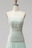 Sparkly Mint A-Line Strapless Beaded Long Formal Dress