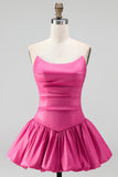 Fuchsia Strapless A-Line Ruched Short Cocktail Dress