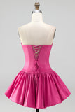 Fuchsia Strapless A-Line Ruched Short Cocktail Dress