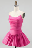 Fuchsia Strapless A-Line Ruched Short Cocktail Dress