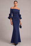 Navy Mermaid Off the Shoulder Ruched Long Wedding Guest Dress with 3D Flower