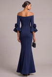 Navy Mermaid Off the Shoulder Ruched Long Wedding Guest Dress with 3D Flower