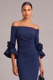 Navy Mermaid Off the Shoulder Ruched Long Wedding Guest Dress with 3D Flower