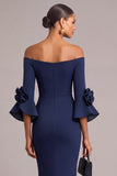 Navy Mermaid Off the Shoulder Ruched Long Wedding Guest Dress with 3D Flower