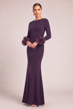 Dark Purple Mermaid Boat Neck Long Sleeves Maxi Wedding Guest Dress with Ruffles