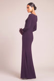 Dark Purple Mermaid Boat Neck Long Sleeves Maxi Wedding Guest Dress with Ruffles